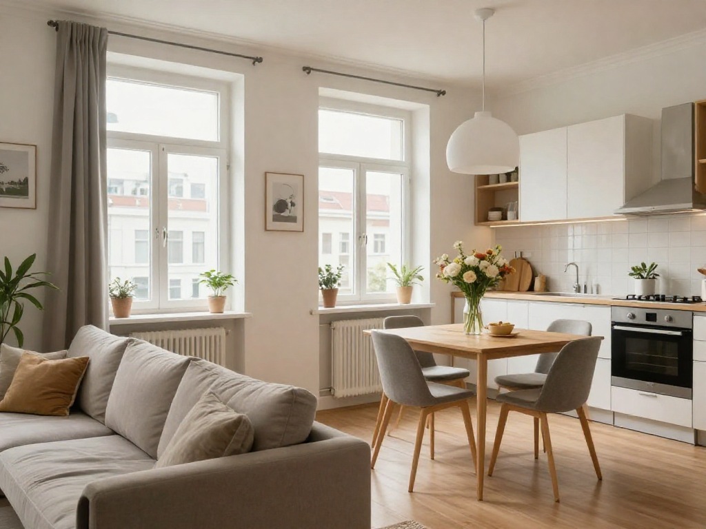 Gemütliches monteurzimmer hannover mit voll ausgestatteter Küche und freundlicher Atmosphäre.