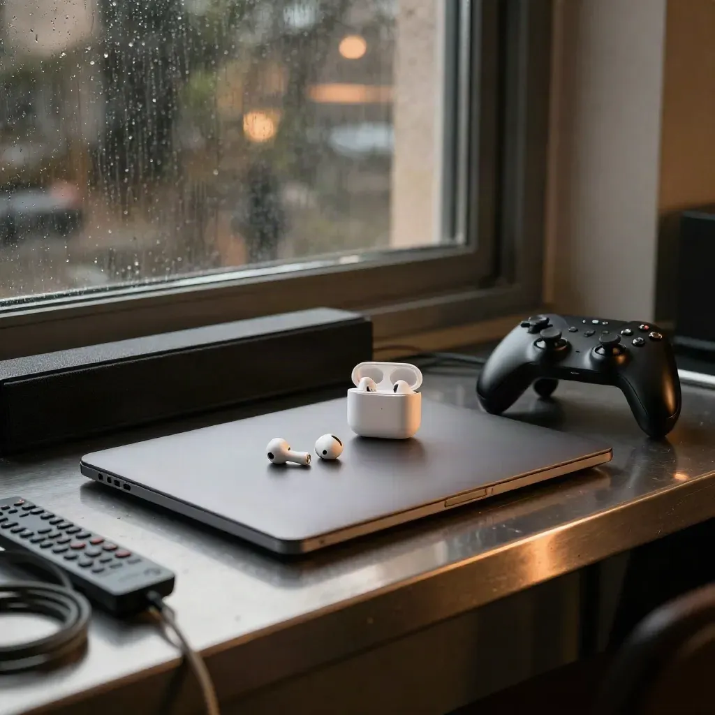 Ein Laptop, Kopfhörer, Gamecontroller und Fernbedienung auf einem Metallregal am Regentfenster.