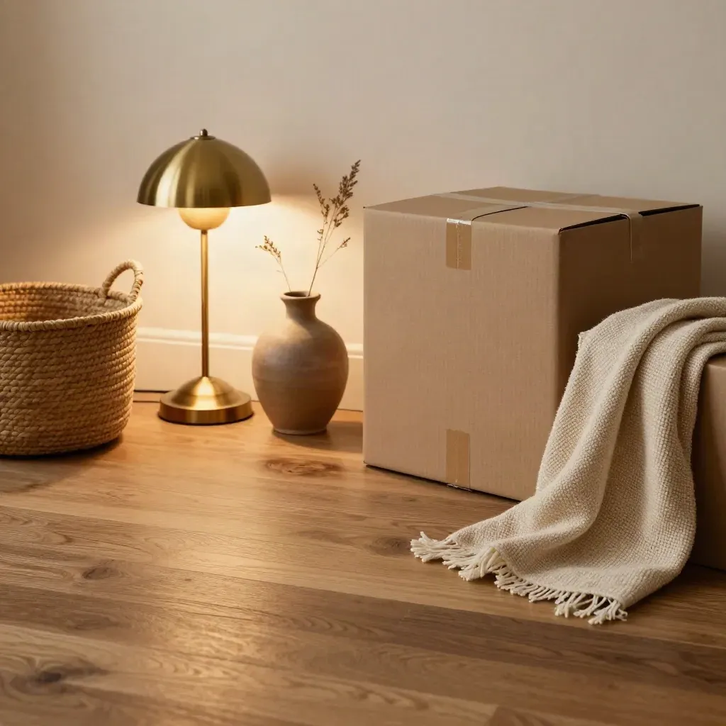Lampe, Vase, Korb und Karton neben einer Decke auf hellem Eichenholz