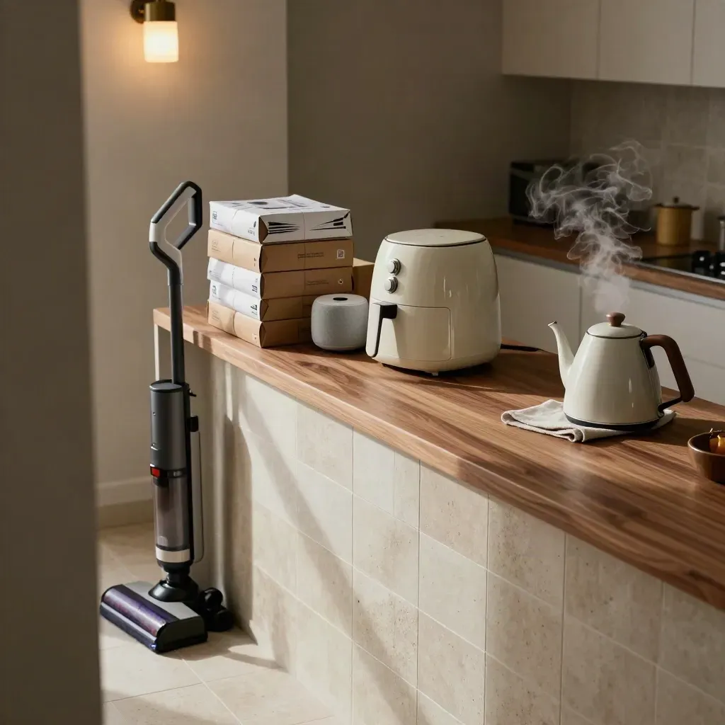 Küchenkonsole mit Paketstapel, Smart Speaker, Airfryer und Staubsaugerdock im warmen Abendlicht