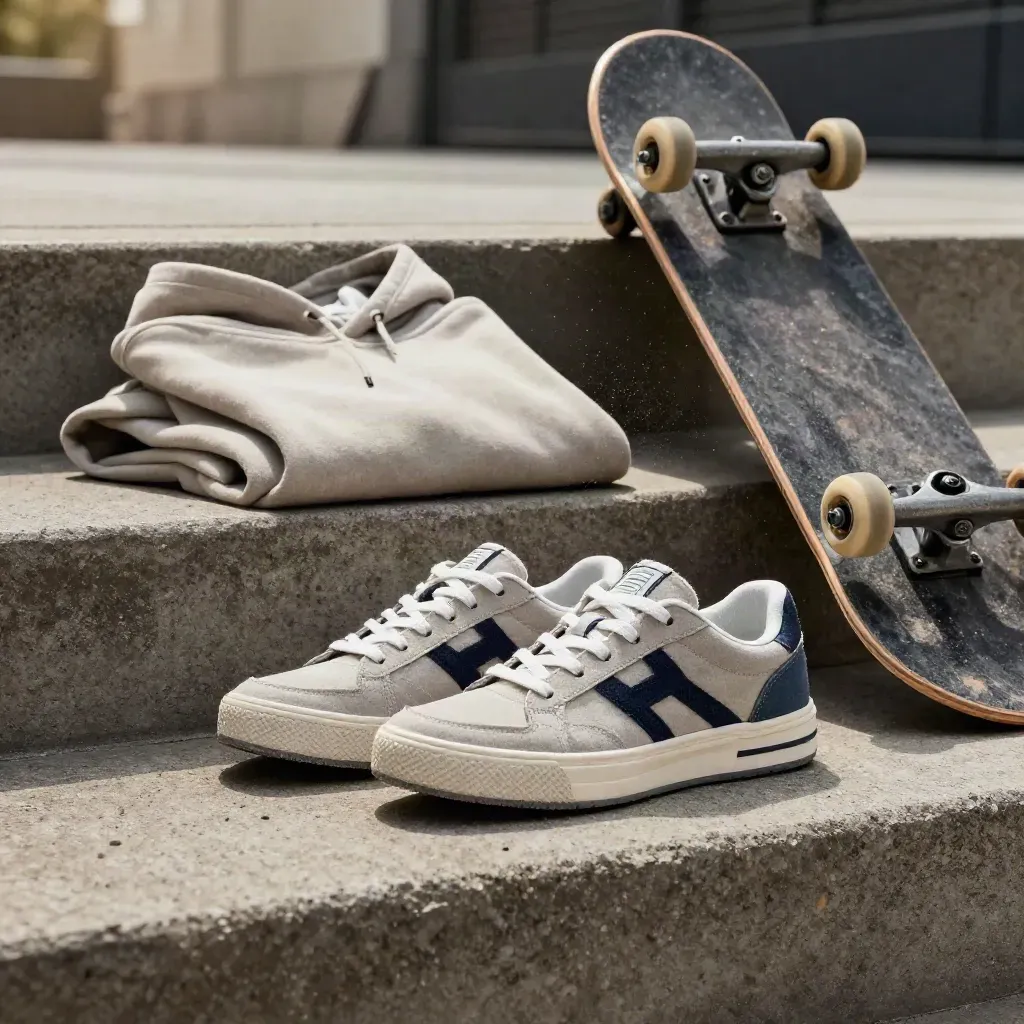 Sneaker, Hoodie und Skateboard auf einer Betonstufe im urbanen Licht