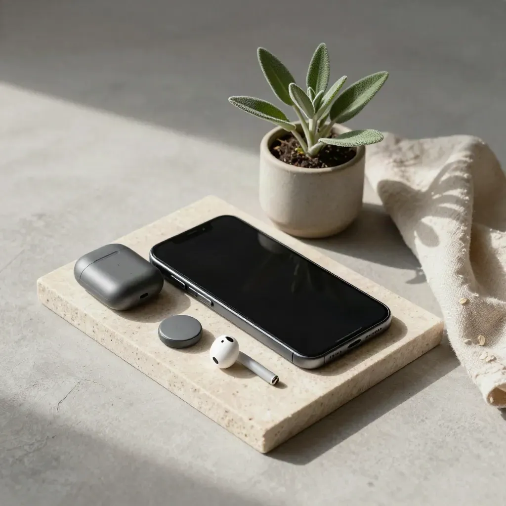 Grafitfarbenes Smartphone mit Ladecase, Ladepuck, Pflanze und Leinen auf Steintablett.