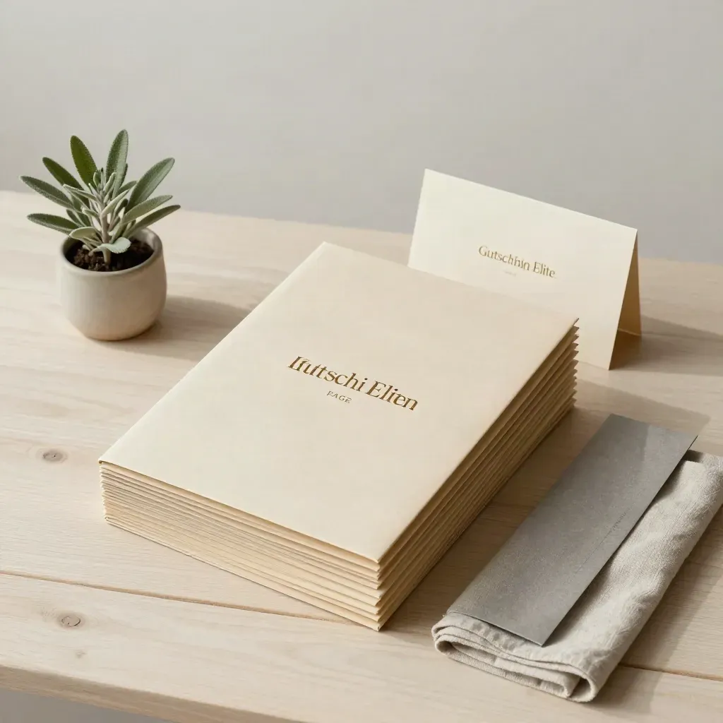 Sortierte Paketboxen, Registermappen, Leinentuch und Pflänzchen auf hellem Holz.